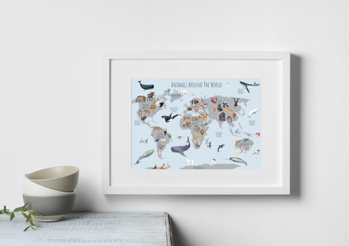 Watercolor Animals Around the World Map Kids Nursery Art Poster - Image 6