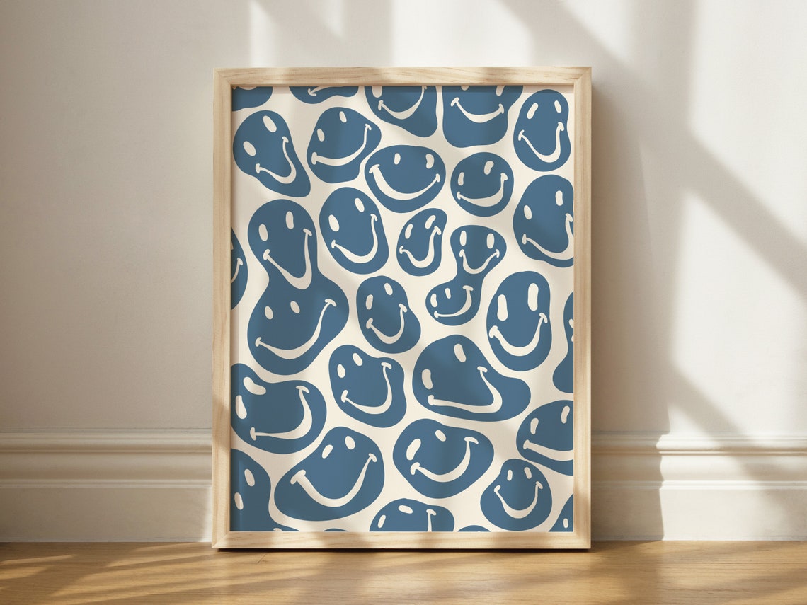 Navy Blue Melted Smiley Faces Retro Groovy Pattern Art Poster