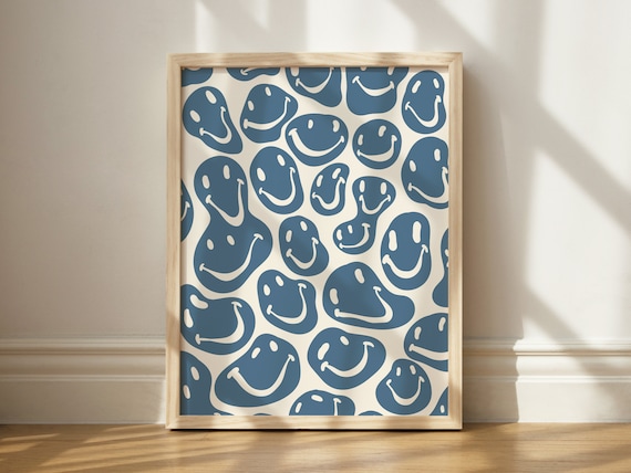 Navy Blue Melted Smiley Faces Retro Groovy Pattern Art Poster