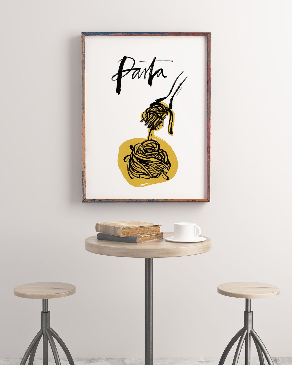 Pasta Hand Lettered Spaghetti Fork Mustard Yellow Kitchen Poster - Image 4