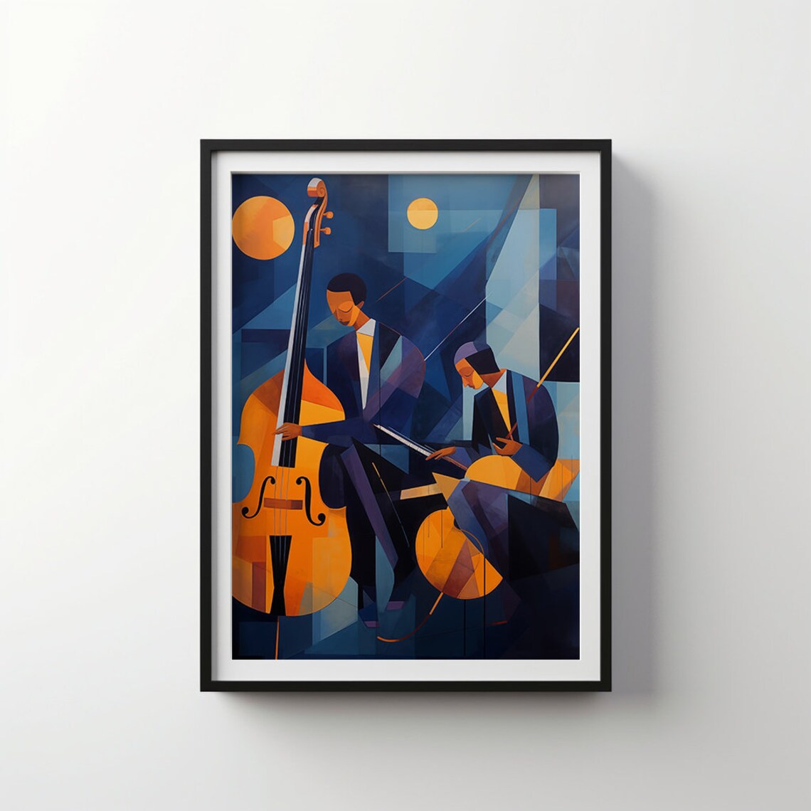 Jazz in Indigo Cubist Double Bass and Drums Musicians Poster