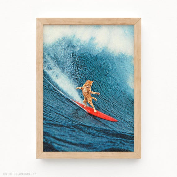 Meowmi Vice Surfing Cat Art Print Retro Ocean Wave Collage