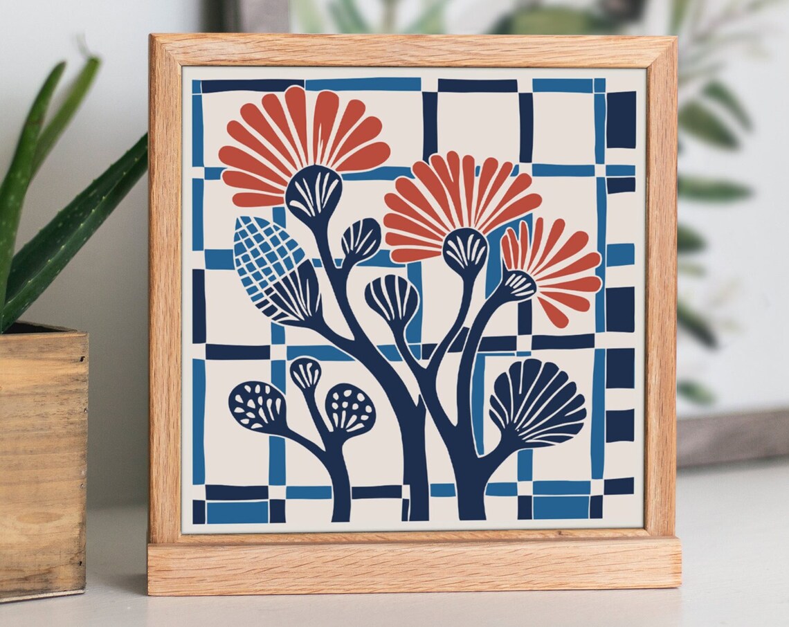 Blue Red Floral Botanical Grid Folk Cutout Style Modern Art Print
