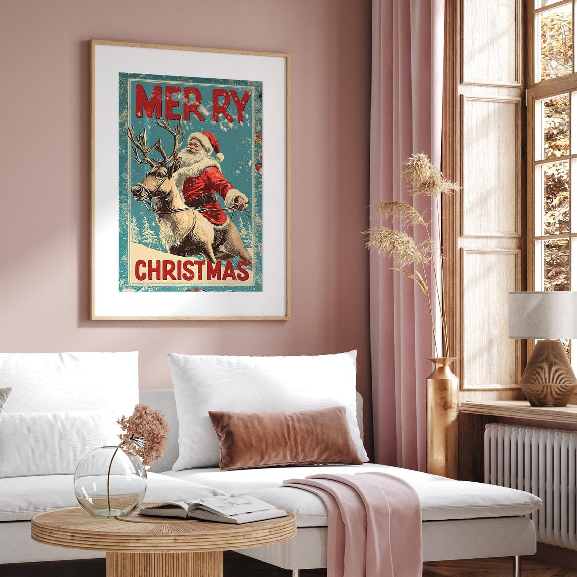 Retro Merry Christmas Santa Claus Riding Reindeer Vintage Style Poster - Image 3