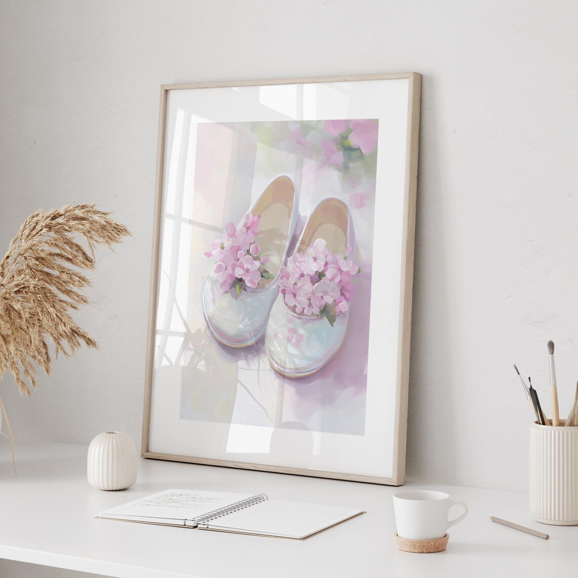 White Ballet Shoes with Pink Flowers Poster Soft Feminine Decor - Image 2