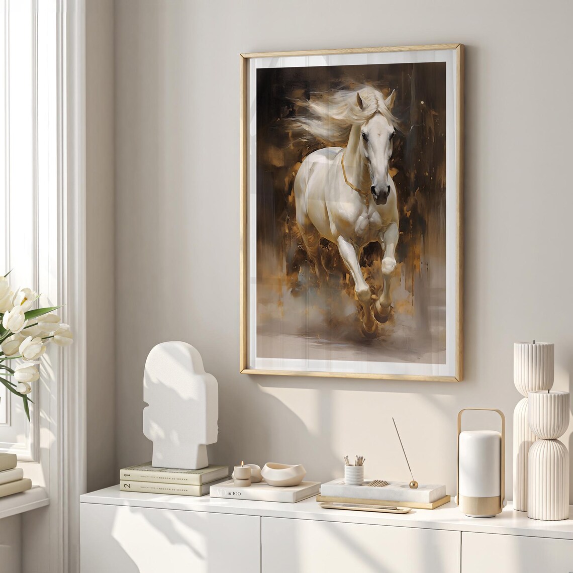 Majestic White Horse Galloping Poster on Dark Golden Background - Image 4