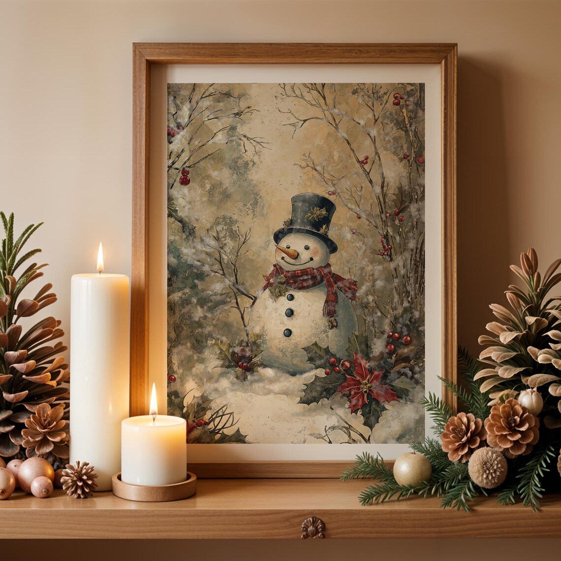 Vintage Snowman Black Top Hat Snowy Woodland Berry Winter Wall Art - Image 3