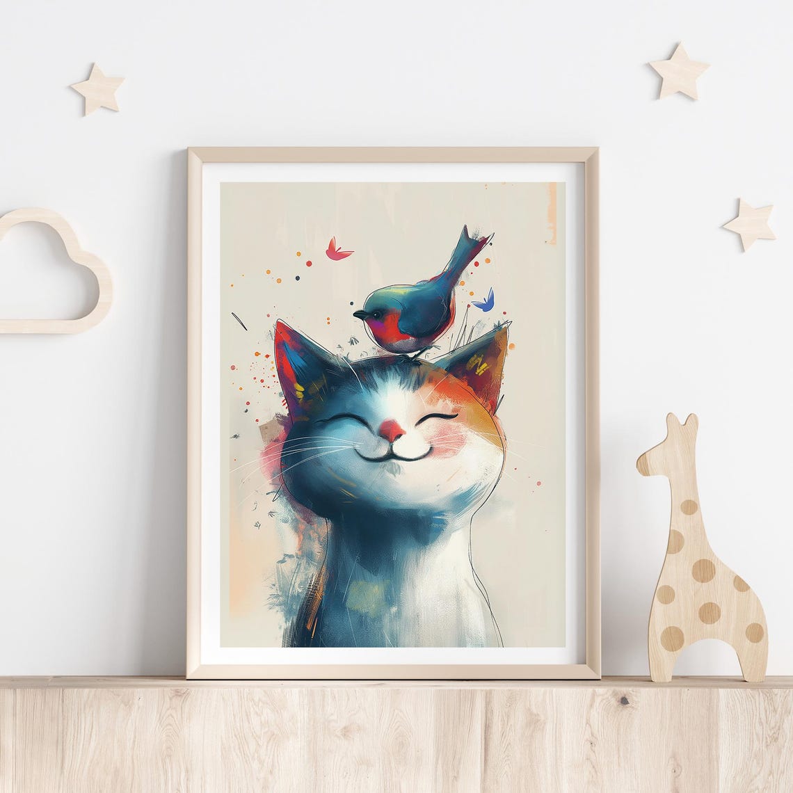 Cute Smiling Cat with Bird on Head Watercolor Whimsical Nursery Poster - Image 5