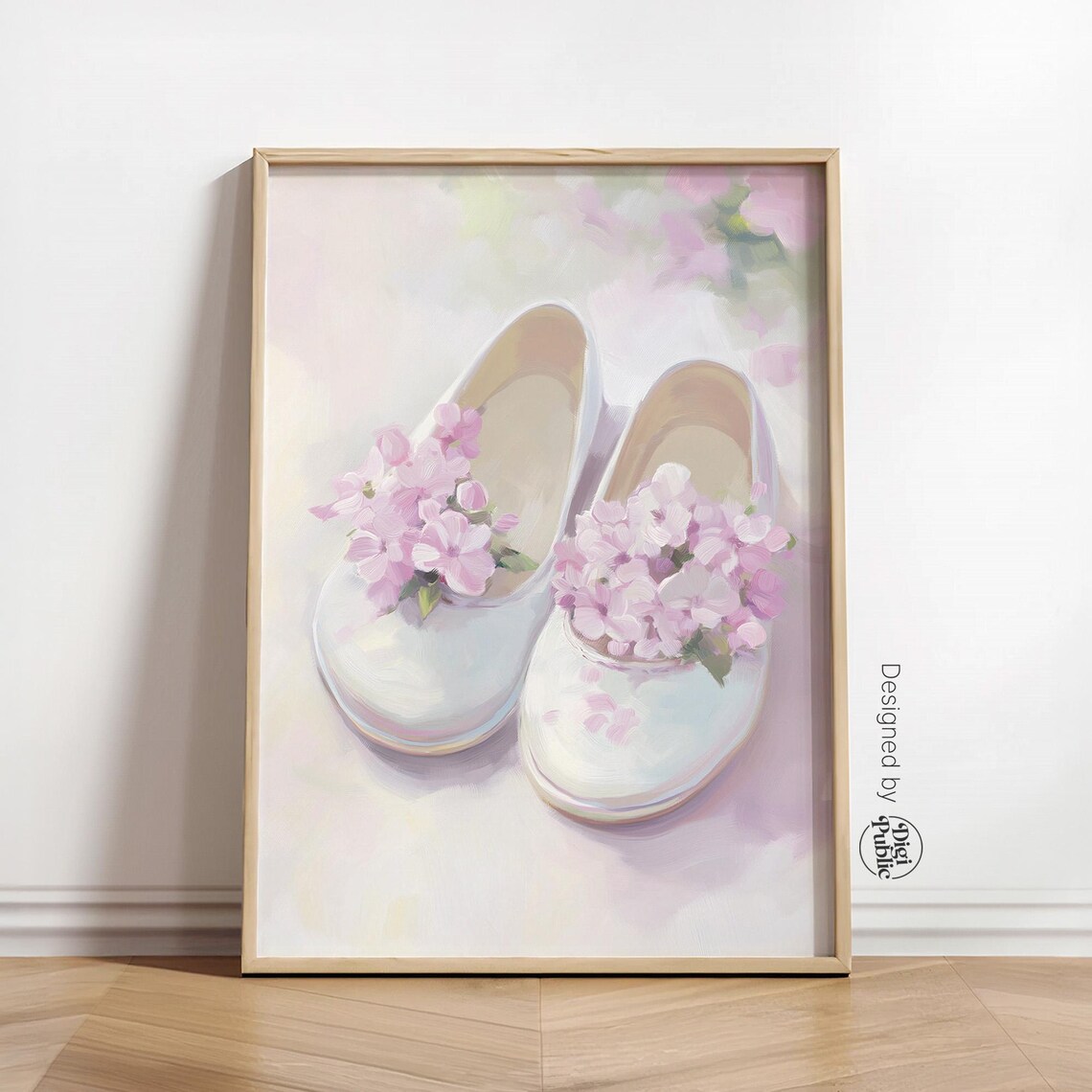 White Ballet Shoes with Pink Flowers Poster Soft Feminine Decor