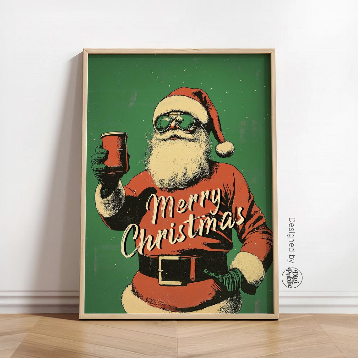 Cheers Santa Claus Raising Glass Aviator Shades Green Xmas Wall Art