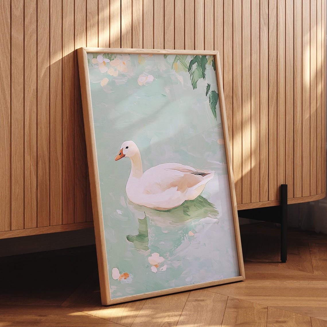 White Duck On Sage Green Pond Painterly Nature Beautiful Wall Poster - Image 2