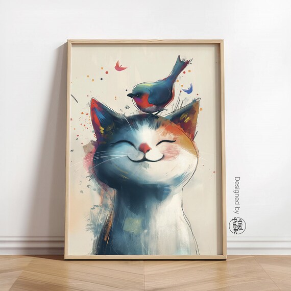 Cute Smiling Cat with Bird on Head Watercolor Whimsical Nursery Poster