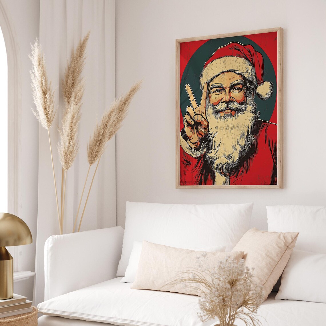 Retro Santa Claus Peace Sign Vintage Red Green Circle Christmas Poster - Image 3