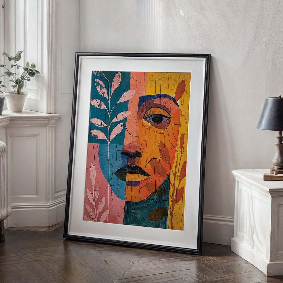 Abstract Boho Face Portrait With Botanical Leaves Art Poster - Image 2