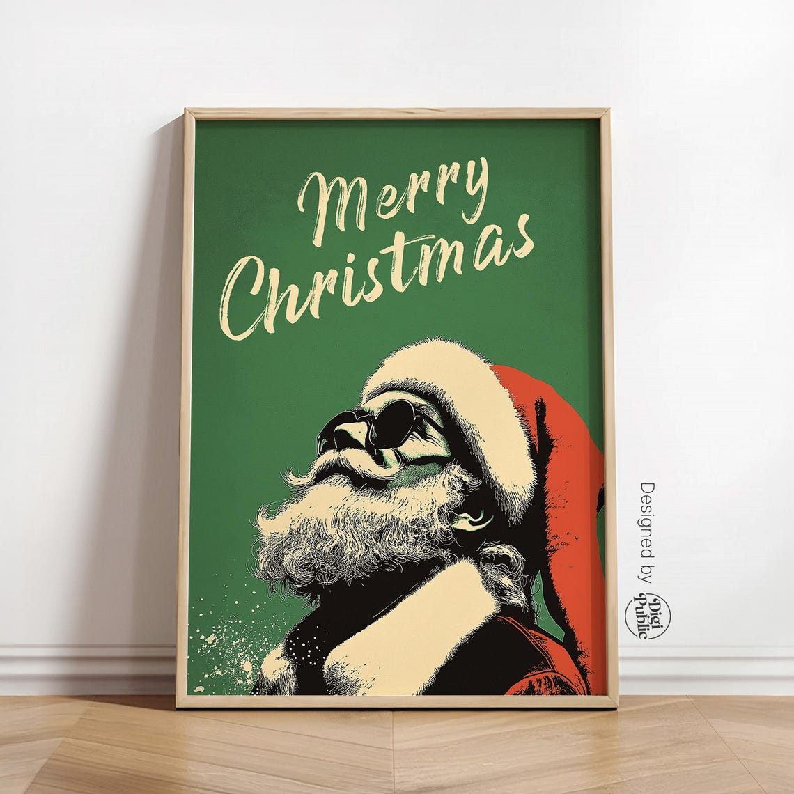Merry Christmas Cool Santa Sunglasses Retro Script Green Art Poster