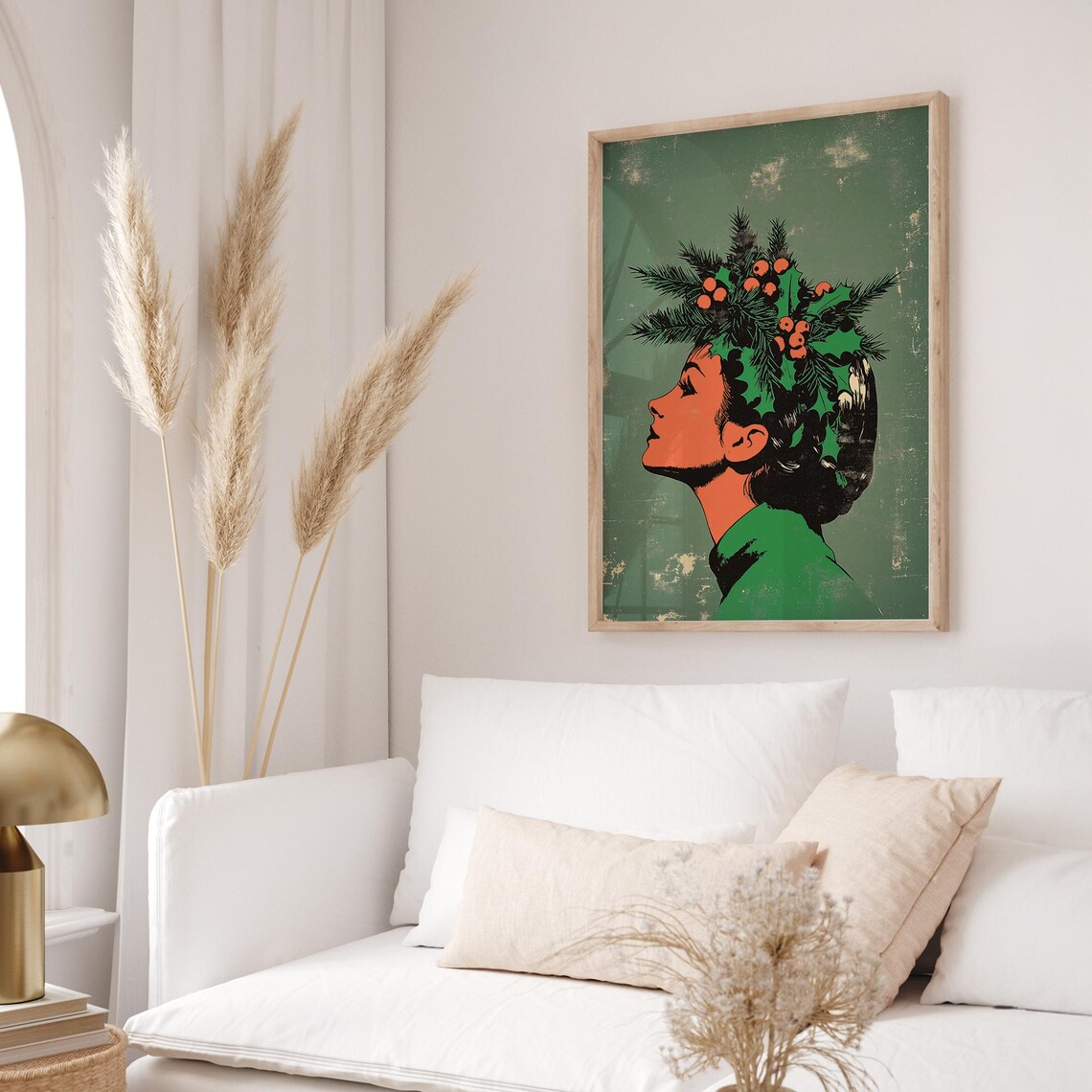 Woman Profile Holly Berry Crown Retro Sage Green Christmas Wall Art - Image 4