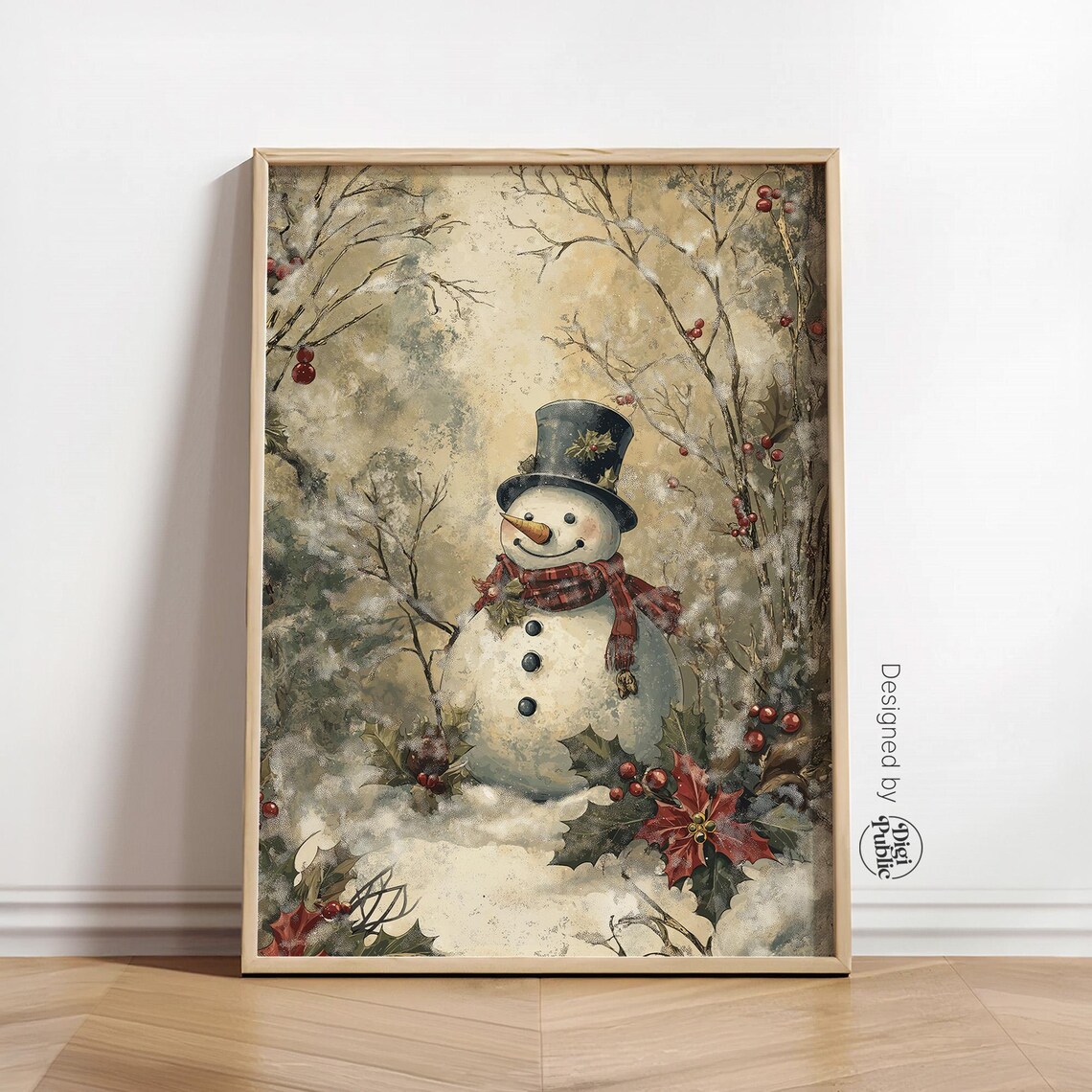 Vintage Snowman Black Top Hat Snowy Woodland Berry Winter Wall Art