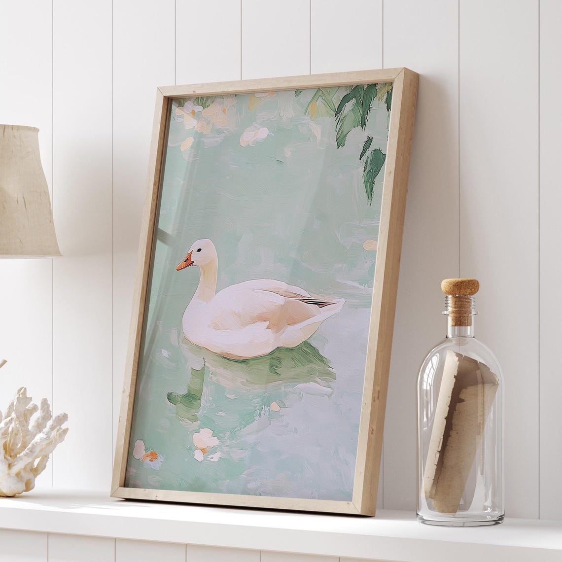 White Duck On Sage Green Pond Painterly Nature Beautiful Wall Poster - Image 5