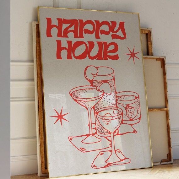 Happy Hour Red Line Art Cocktail Glasses Retro Bar Wall Poster