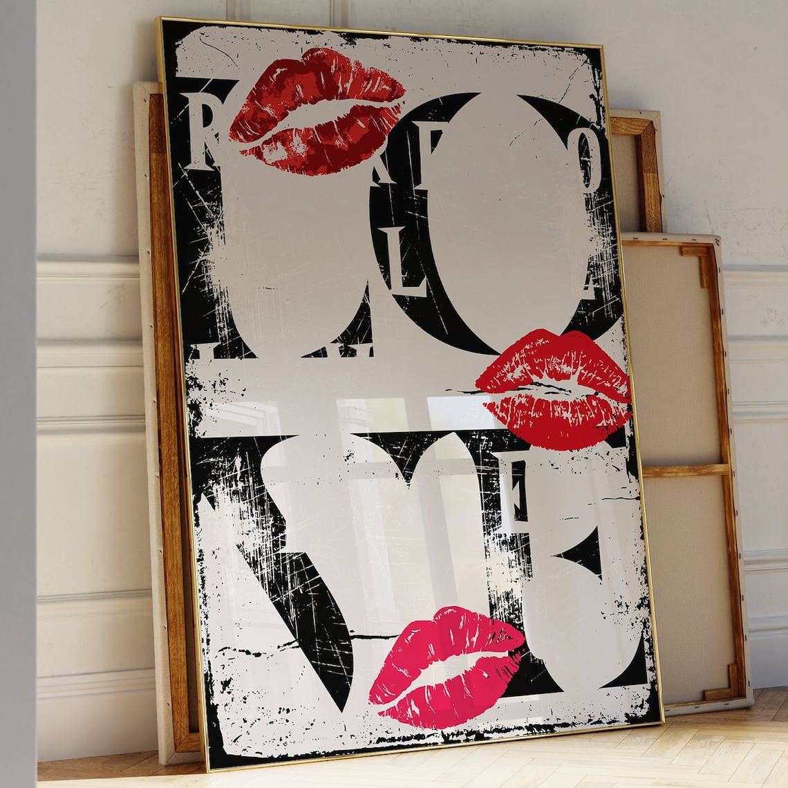 Love Typography Red Kiss Marks Distressed Black White Poster