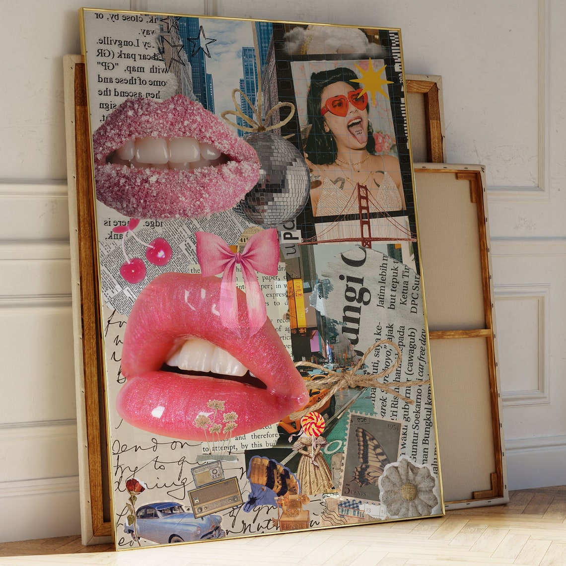 Girly Coquette Collage Pink Lips Disco Ball Preppy Trendy Poster