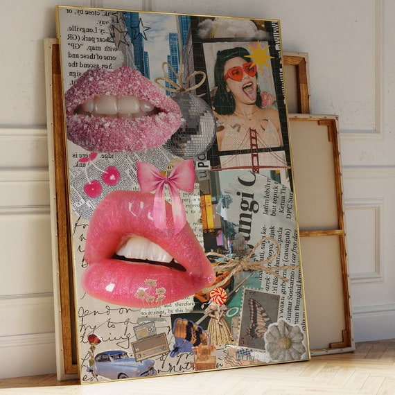 Retro Vintage Girly Coquette Collage Wall Art Preppy Wall Decor Lips Wall Print Y2k Poster Bar Cart Bedroom Wall Decor