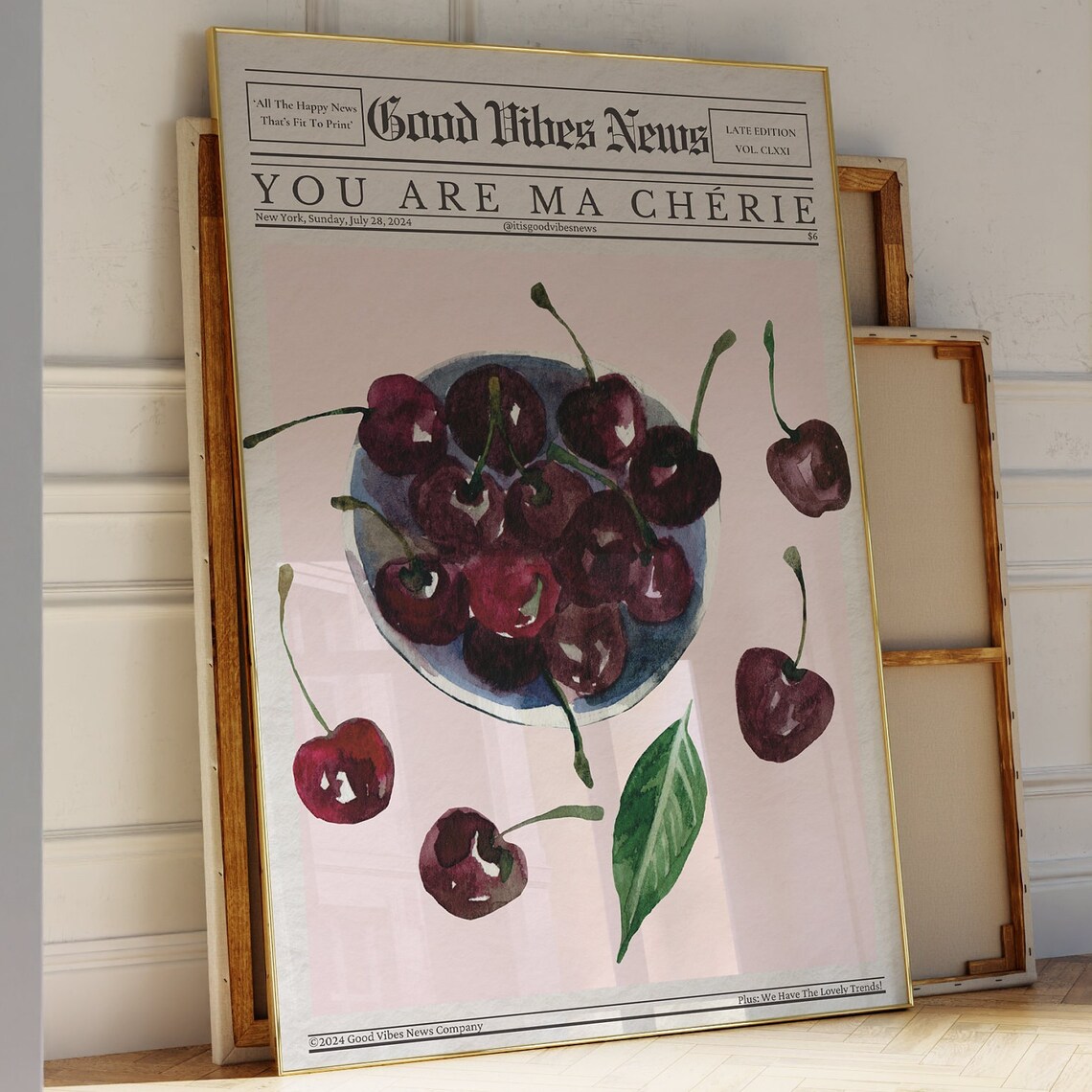You Are Ma Cherie Cherry Watercolor Newspaper Good Vibes Poster