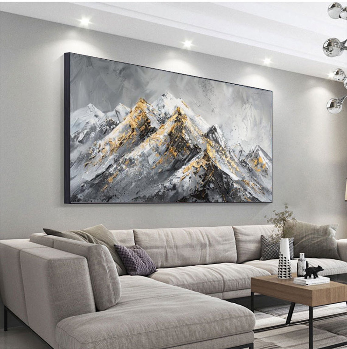 Grey Mountain Range With Gold Leaf Textured Landscape Painting Poster - Image 4