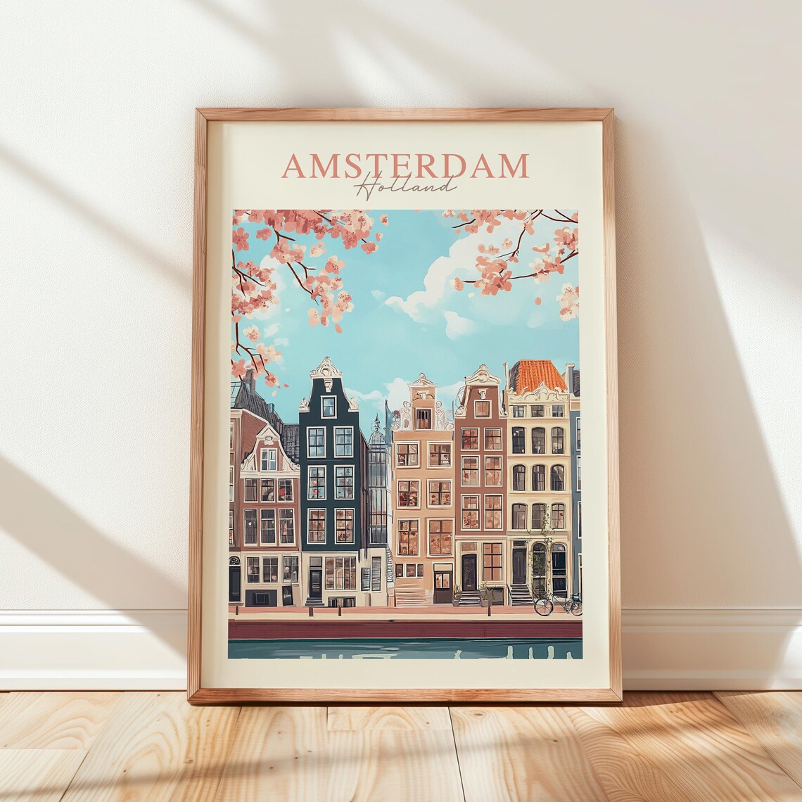 Vintage Amsterdam Holland Canal Houses Cherry Blossom Travel Poster