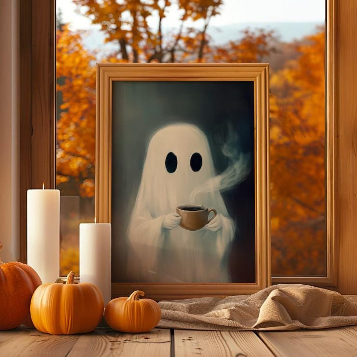 Cute Ghost Drinking Coffee Painting Fall Halloween Decor Poster