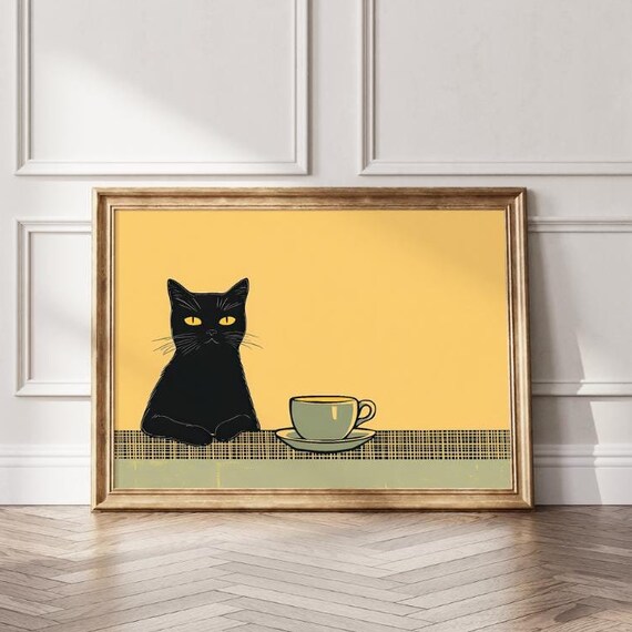 Black Cat with a Coffee Cup on a Mustard Yellow Retro Kitchen Poster