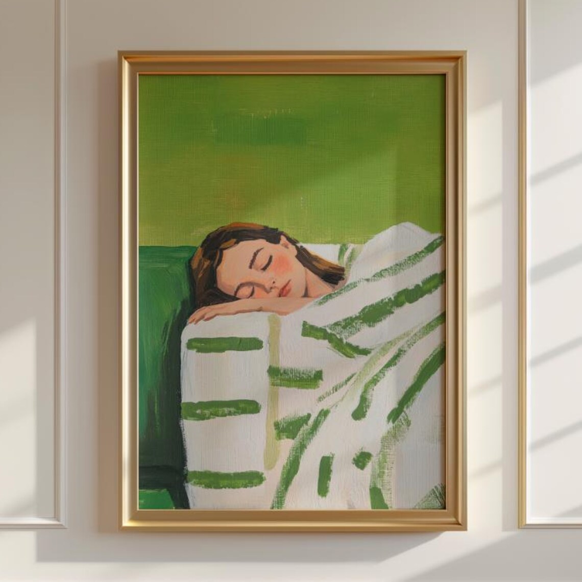 Emerald Green Sleeping Woman Under Striped Blanket Wall Poster