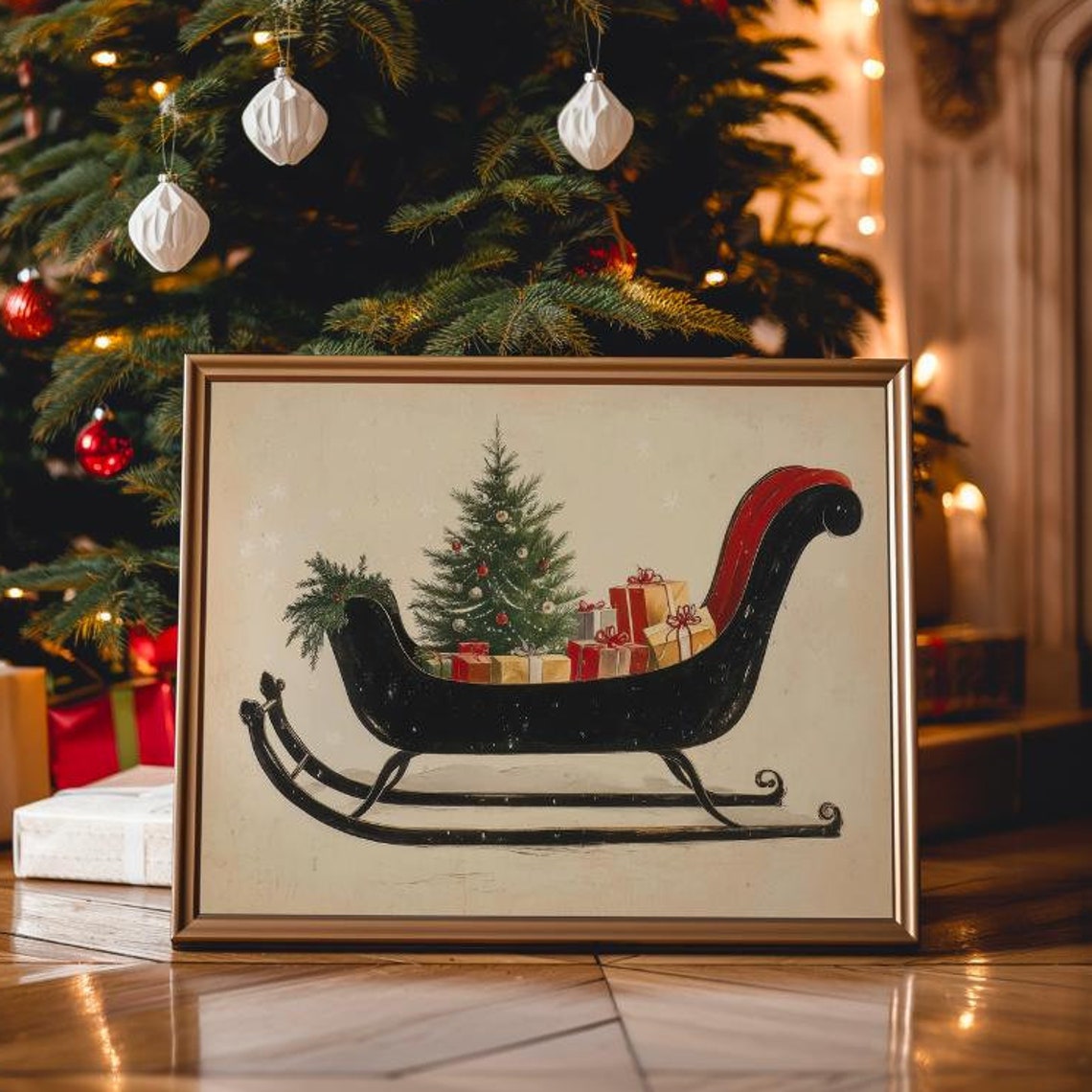 Vintage Black Sleigh Loaded With Gifts And Christmas Tree Poster - Image 4