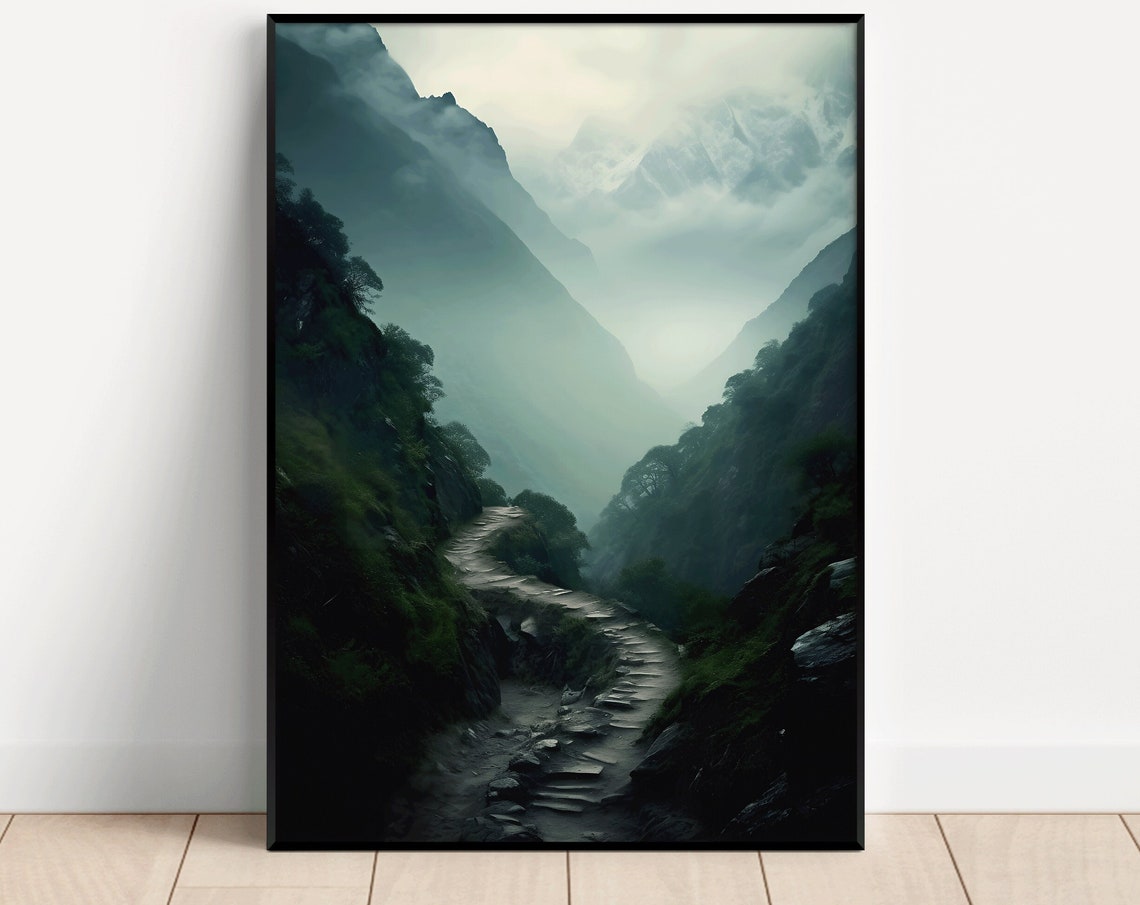 Winding Stone Path Through Misty Green Mountain Valley Poster