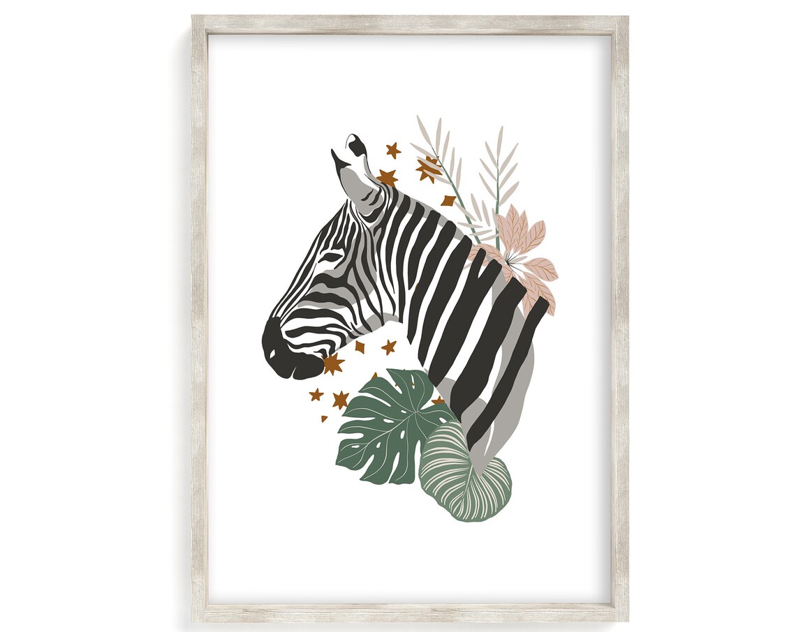 Jungle Zebra and Giraffe Botanical Boho Art Print