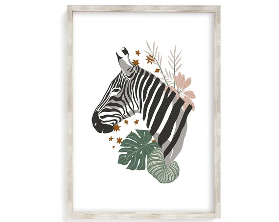 Jungle Zebra and Giraffe Botanical Boho Art Print