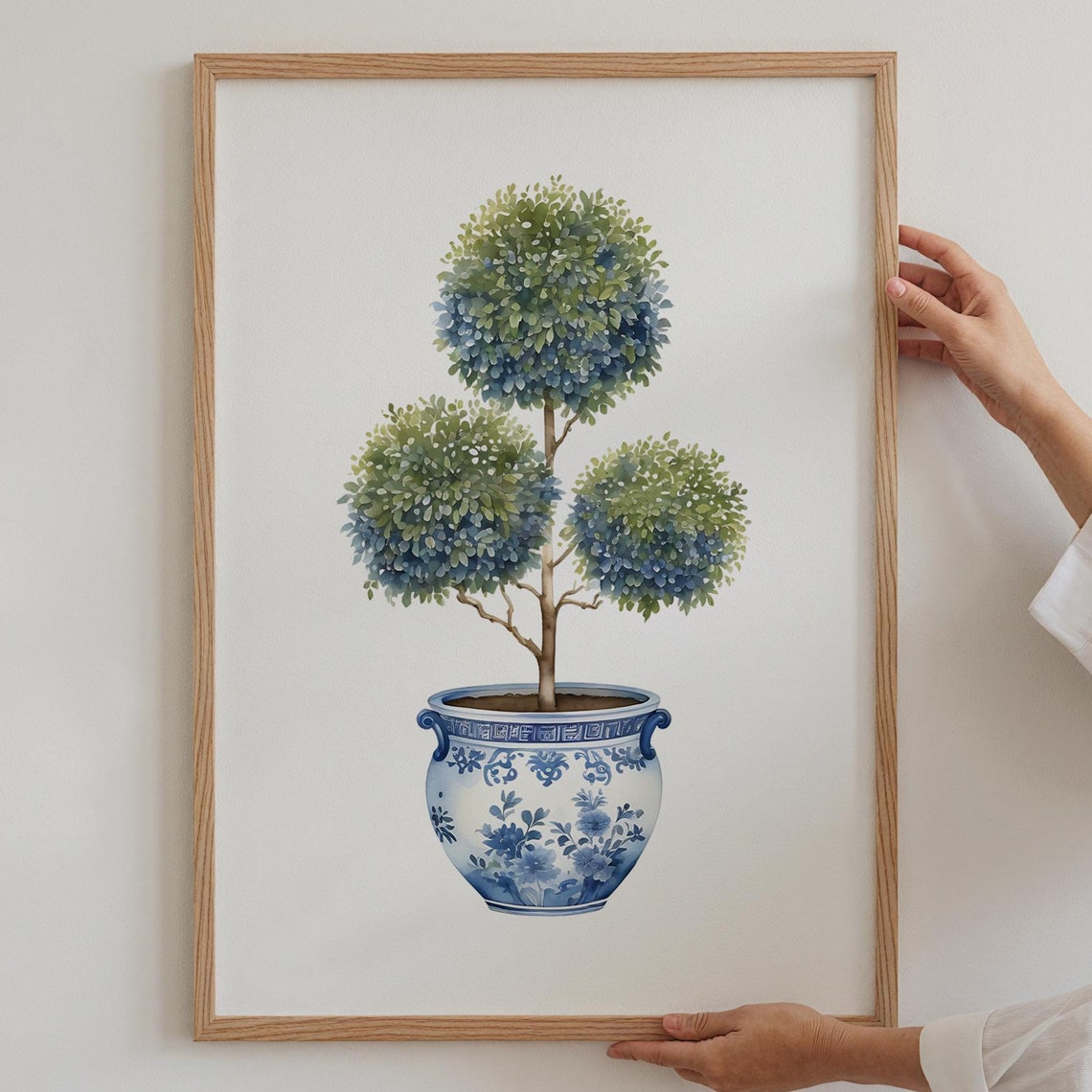 Tiered Topiary Chinoiserie Blue White Porcelain Watercolor Poster