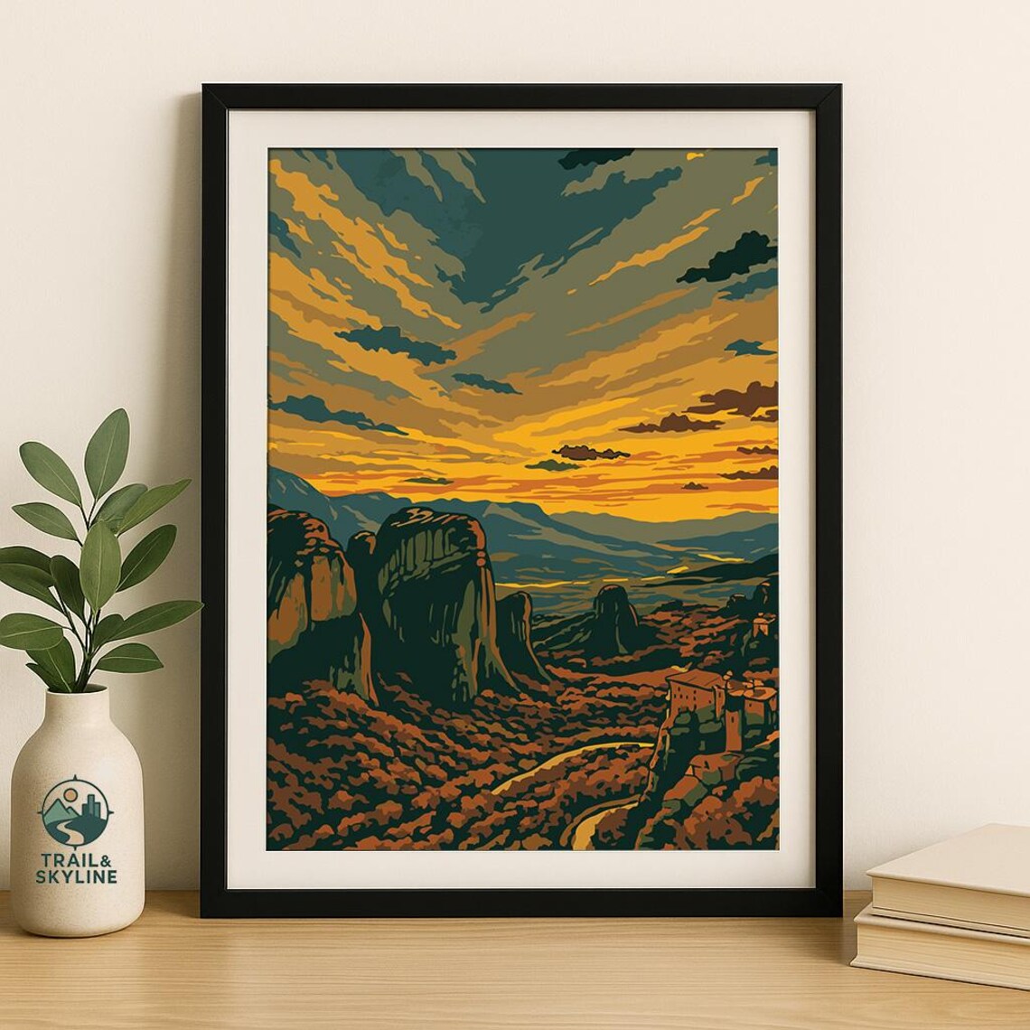 Meteora Greece Sunset Vintage Poster Monastery Rock Pillars Landscape