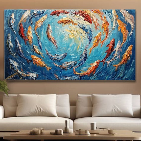 Hand Painted Textured Koi Fish Oil Painting Vibrant Swirling Koi Original 3d Wall Art Home Decor Colorful Aquatic Dynamic Movement