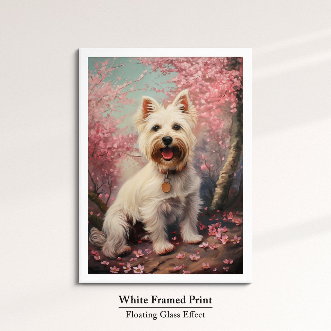 White Westie Puppy With Gold Tag In Pink Blossom Trees Art Poster - Image 7