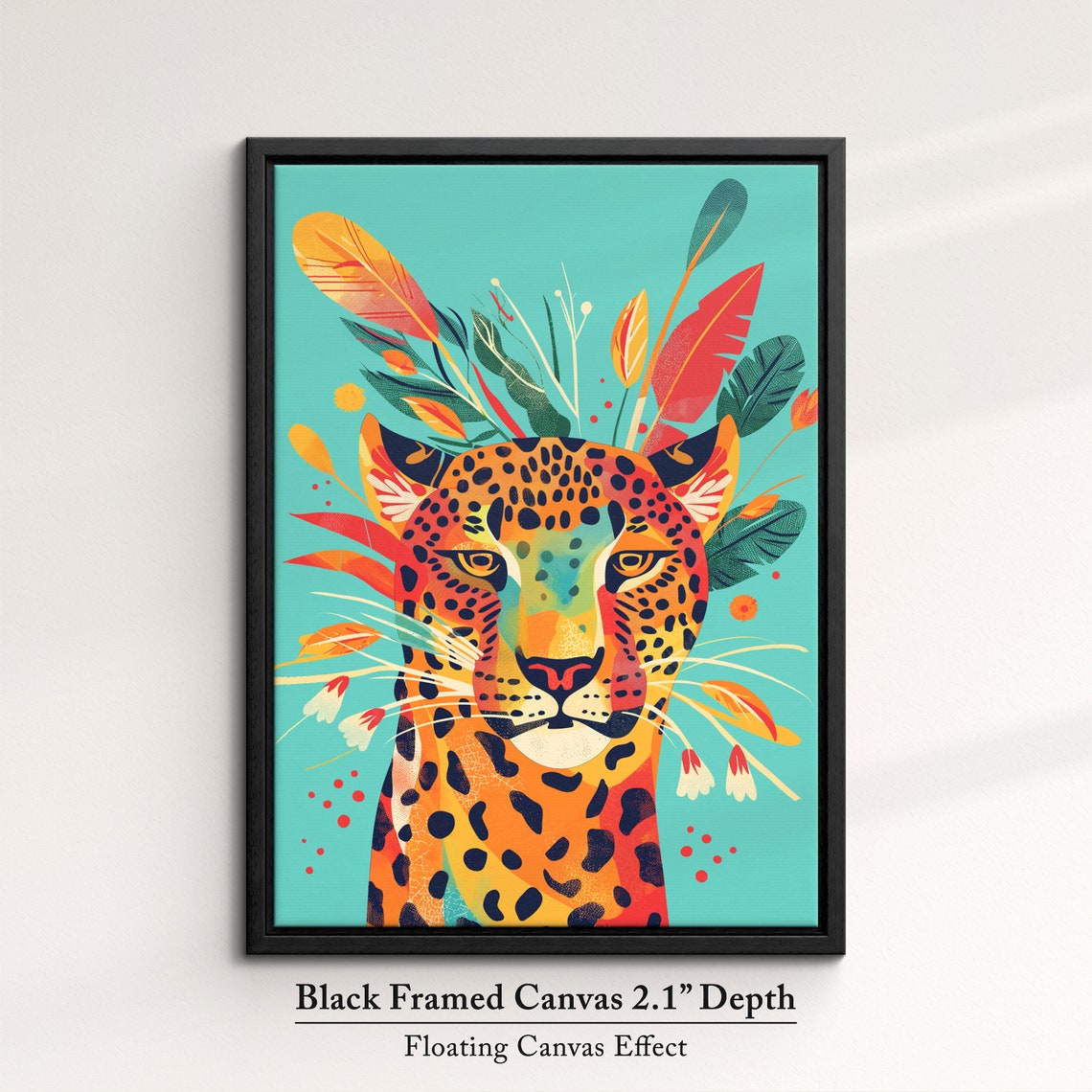 Leopard Face Front With Tropical Leaves Turquoise Art Poster - Image 2