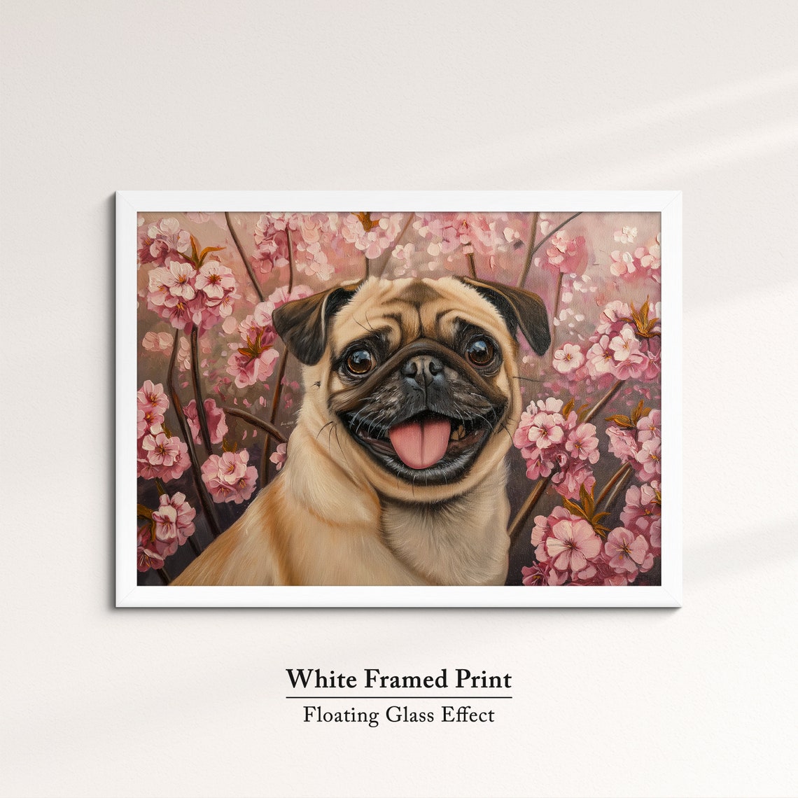 Happy Pug Grinning With Tongue Out In Pink Cherry Blossoms Art Poster - Image 7