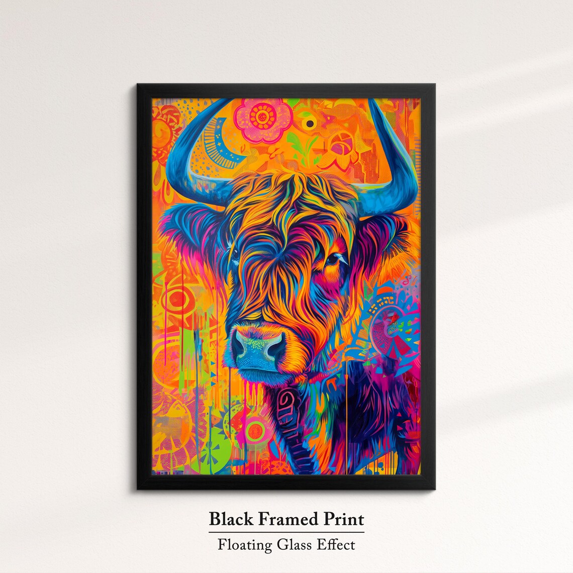Highland Cow Colorful Rainbow Shaggy Hair Floral Portrait Poster - Image 8