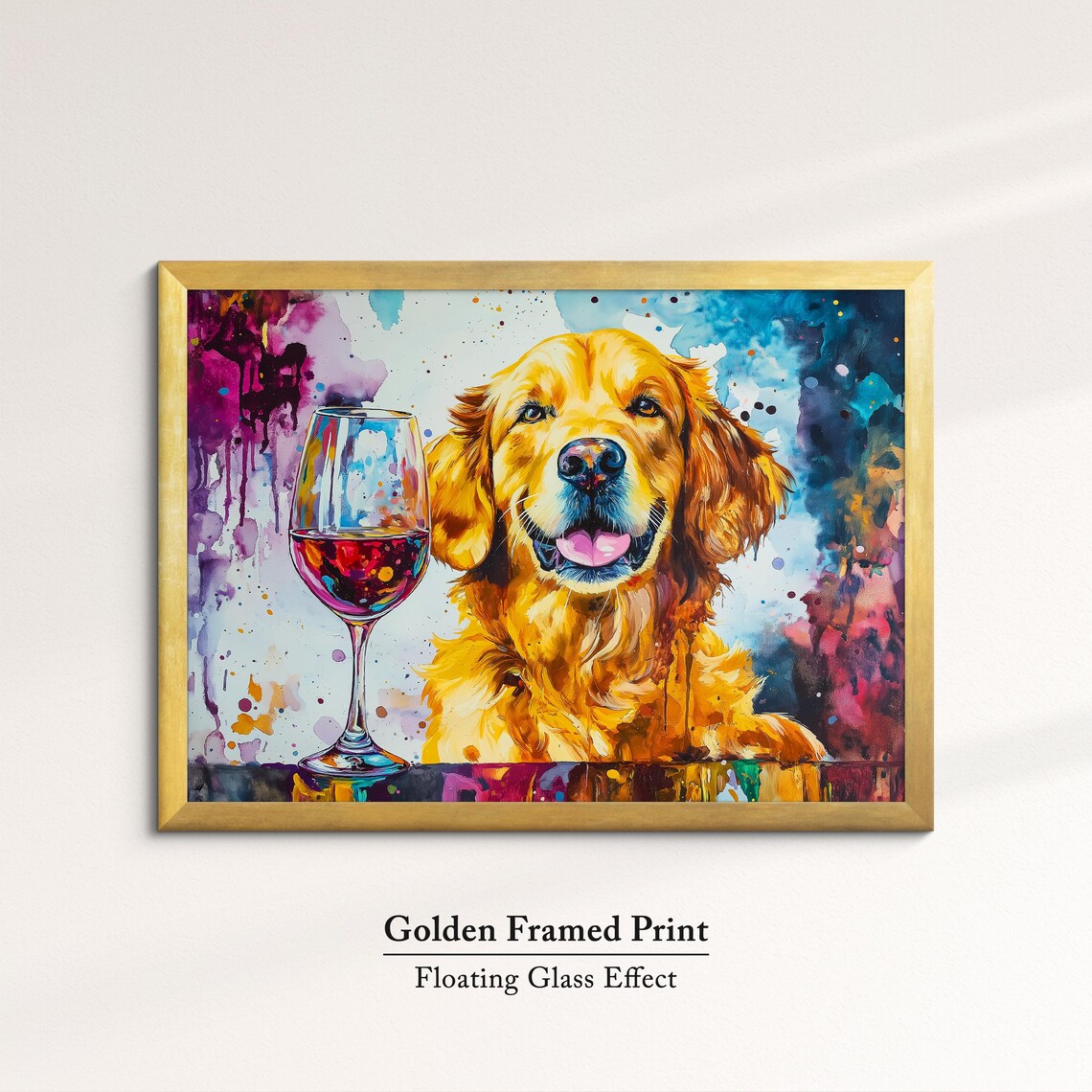 Smiling Golden Retriever Wine Glass Dark Watercolor Dog Art Print - Image 5