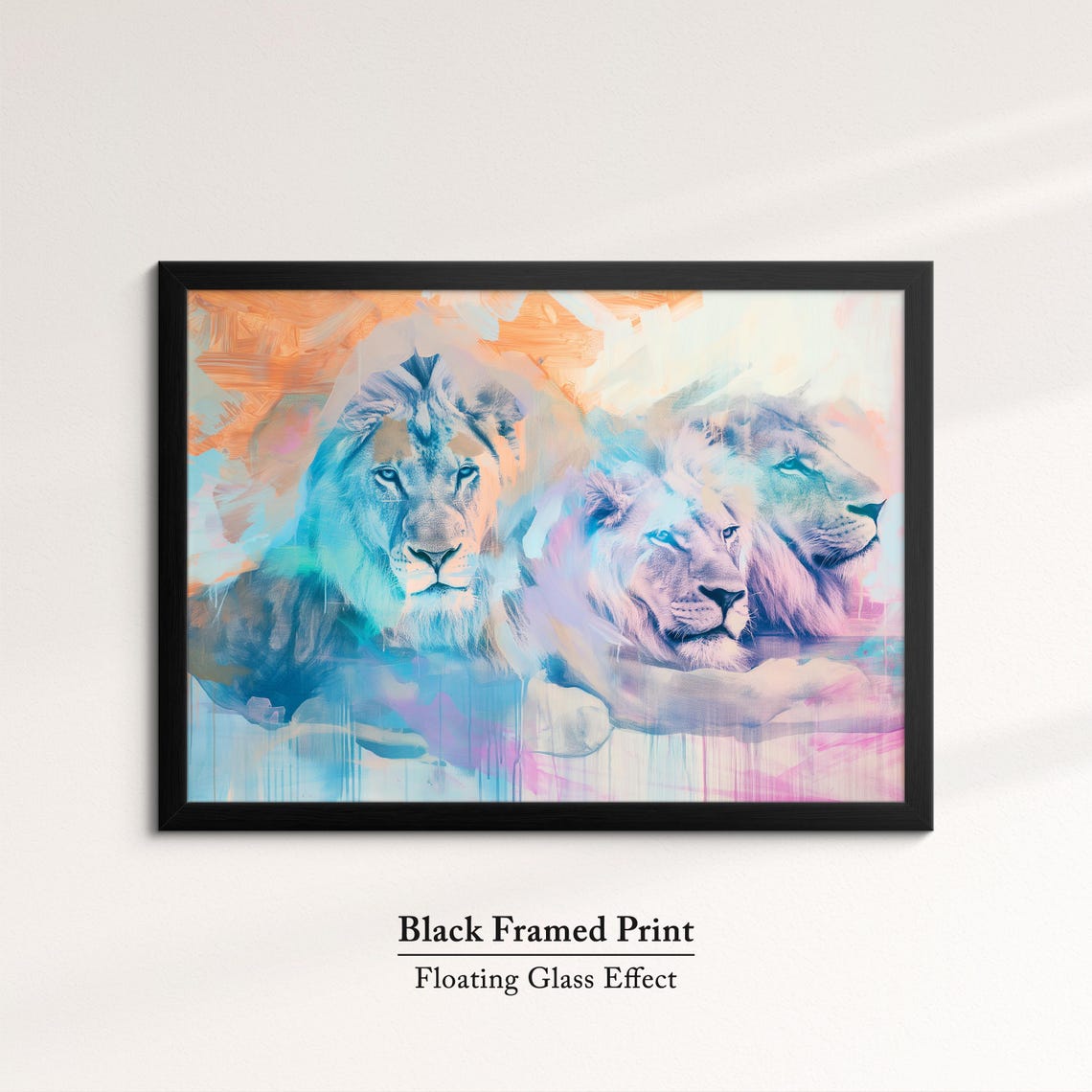 Lion Pride Trio Soft Watercolor Blue Orange Abstract Wildlife Poster - Image 8
