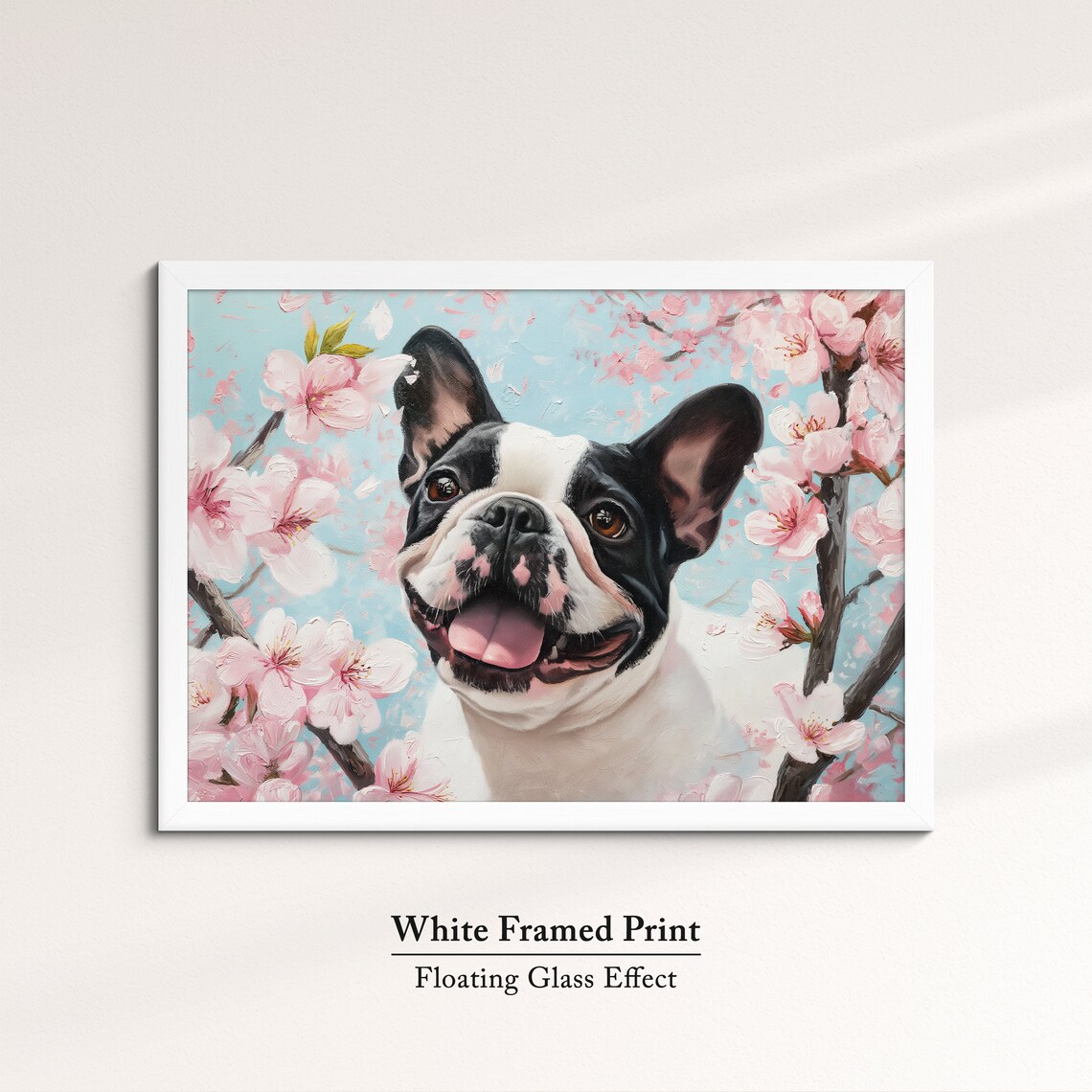 Black And White French Bulldog Smiling In Spring Cherry Blooms Poster - Image 7