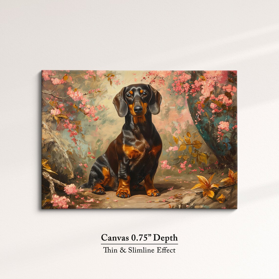 Black And Tan Dachshund In Pink Blossoms Golden Leaves Art Poster - Image 4