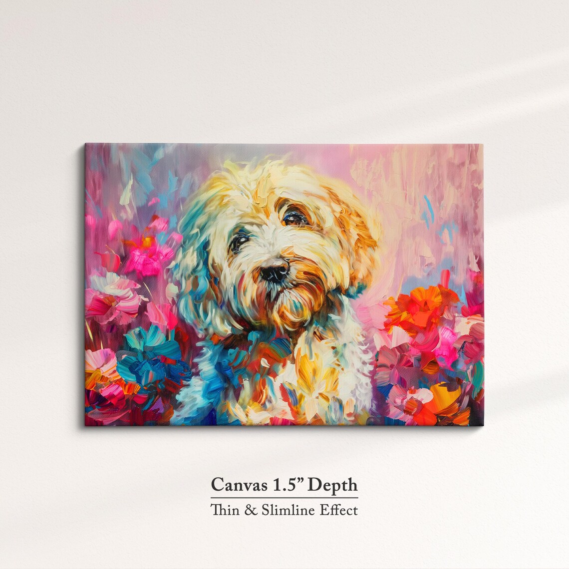 Fluffy White Cockapoo Dog Flowers Colorful Oil Painting Wall Art - Image 3