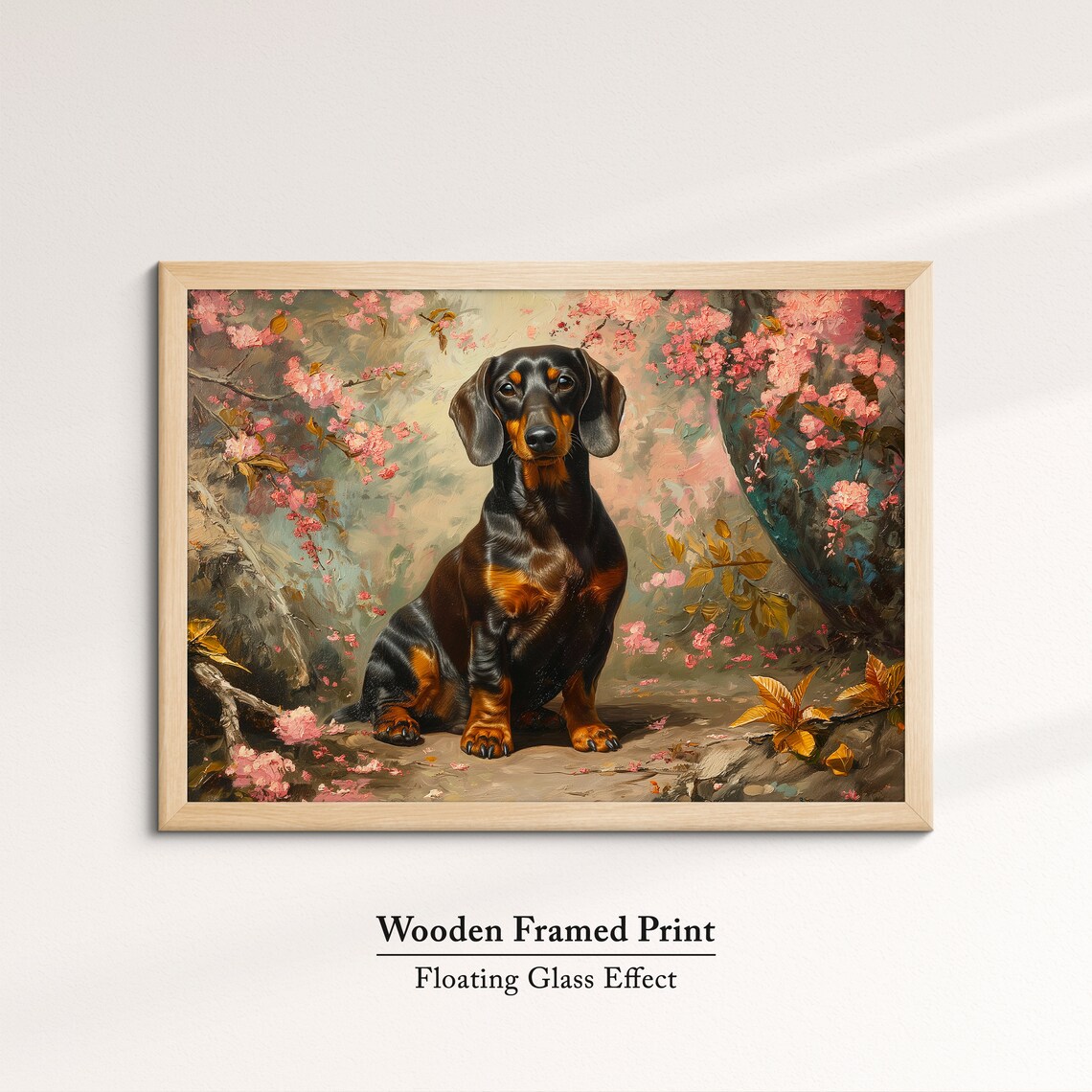 Black And Tan Dachshund In Pink Blossoms Golden Leaves Art Poster - Image 6