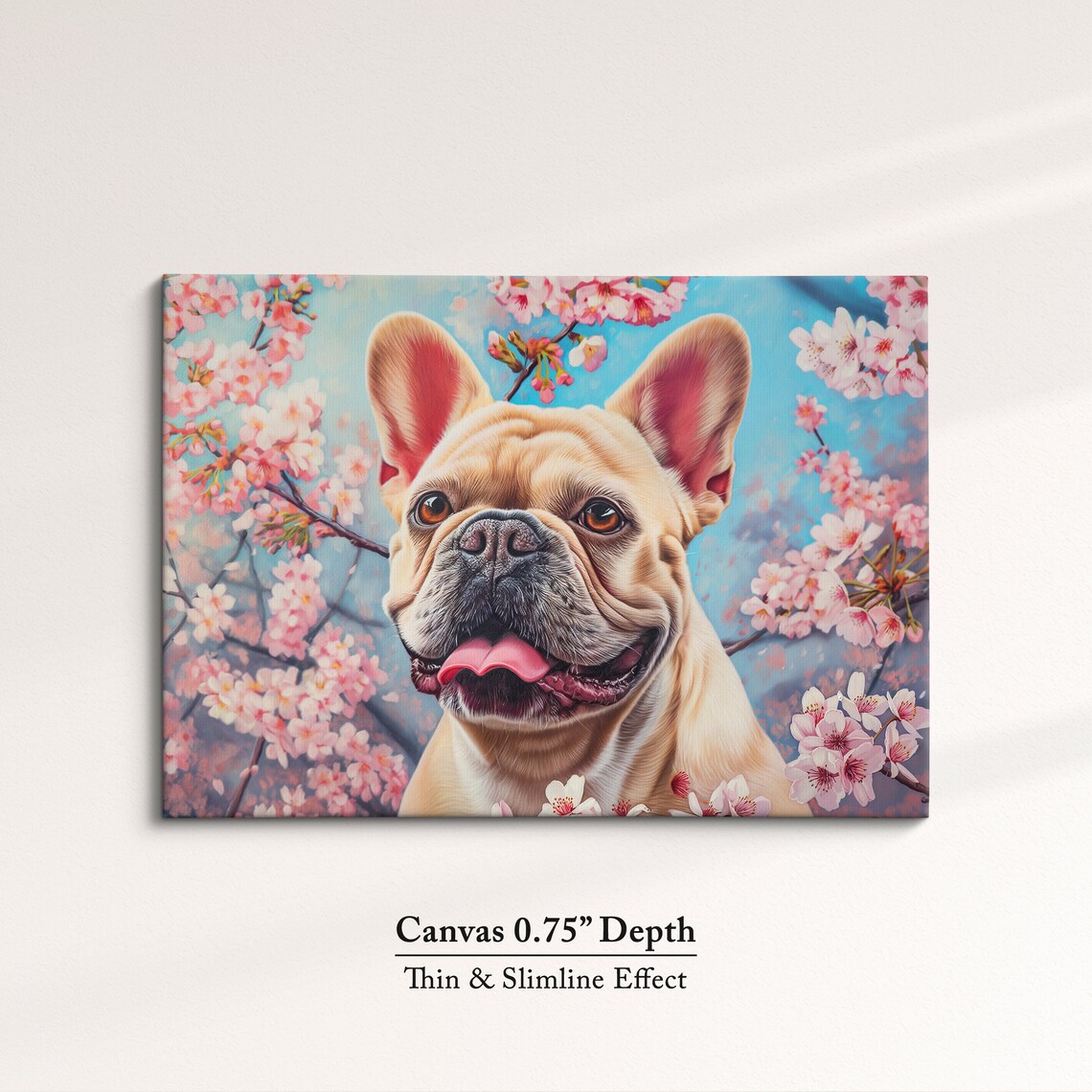 Fawn French Bulldog Tongue Out In Pink Blossoms Cheerful Art Poster - Image 4